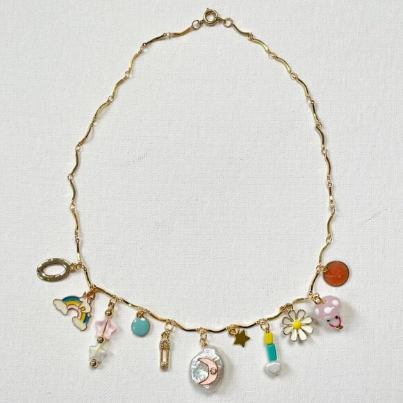 new! charm necklace beaded stars moon rainbow mushrooms freshwater pearl spring - Picture 4 of 5
